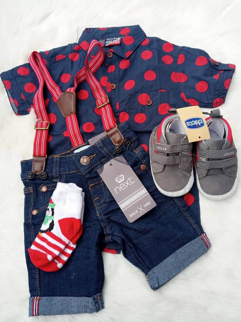 Ensemble Garçon - Culotte Jeans - Chemise - Chaussure- Chaussette - 3 à 12 mois