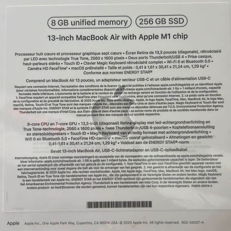 MacBook Air 13.3’’ retina 2020 - CPU M1 Core 8 - 256Go SSD/8Go Ram - Neuf sous cellophane !!! – Image 2