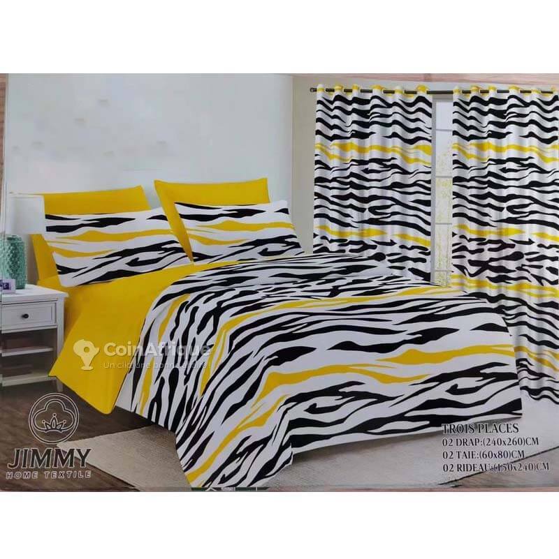 Draps de Lit 3 Places - Ensemble 2 Draps + 2 Taies + 2 Rideaux