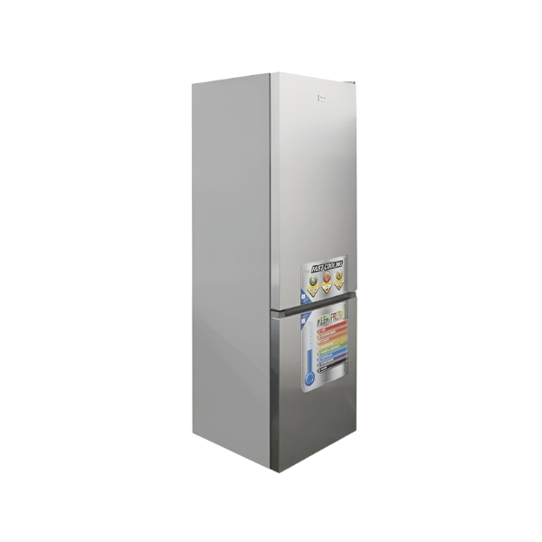 Réfrigérateur combiné Oscar 366l - Vue de profil de l'appareil argenté.
