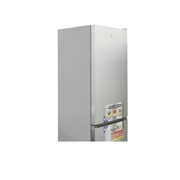 Réfrigérateur combiné Oscar 366l - Vue de profil de l'appareil argenté.