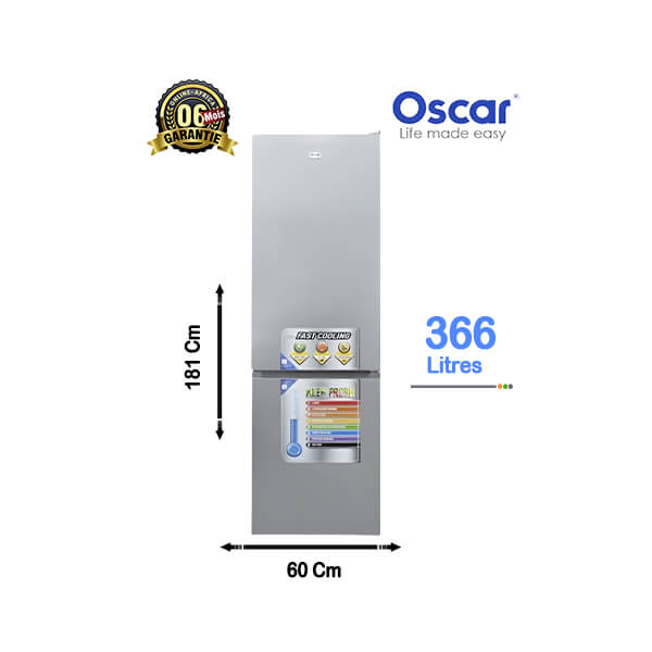 Réfrigérateur combiné Oscar 366L - Vue d'ensemble de l'appareil argenté.