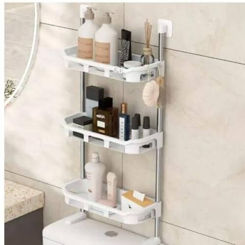 Étagère de Rangement A 3 niveaux Avec Crochets Pour Salle De Bain Au-Dessus Des Toilettes