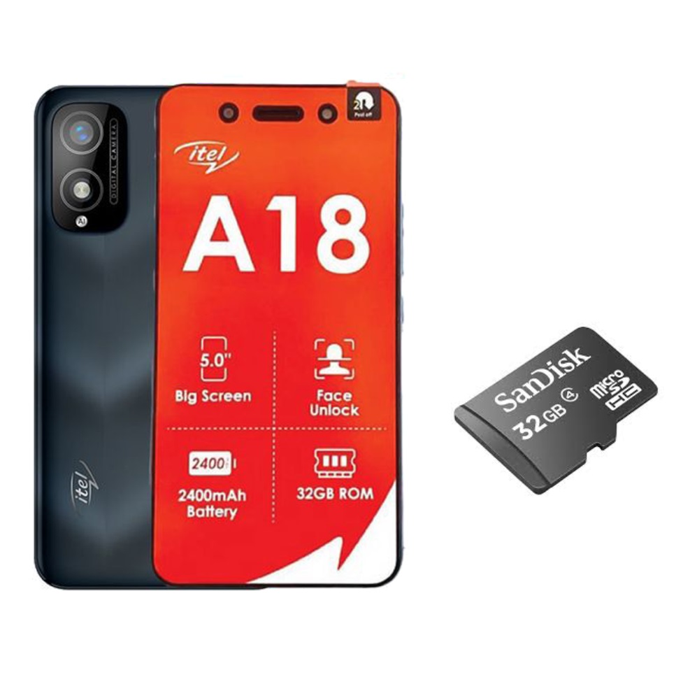 Smartphone Itel A18 32/1Go RAM - 6.6" - 2MP - Dual SIM - 2400 mAh + Carte memoire 32GB