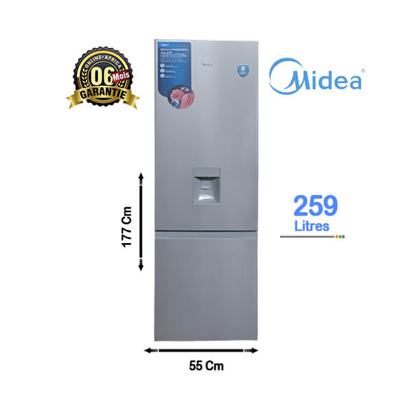 Réfrigérateur combiné Midea 259L - Vue d'ensemble, design élégant et compact