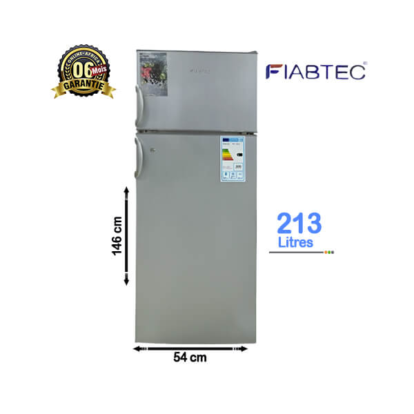 Réfrigérateur double battant FIABTEC 213L, spacieux, économique et idéal pour les familles.