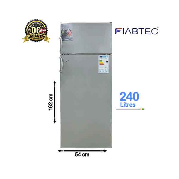 Réfrigérateur double battant FIABTEC 240L, spacieux, économique et idéal pour les familles.