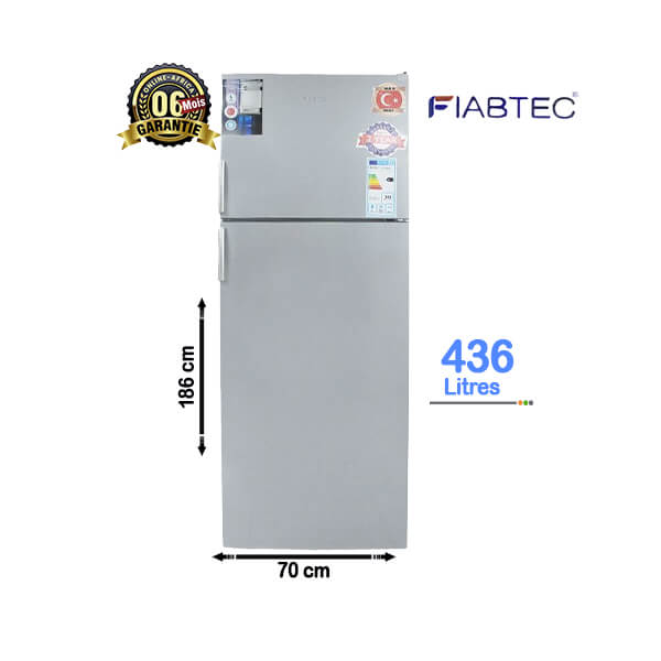 Réfrigérateur double battant FIABTEC 436L, spacieux, économique et idéal pour les familles.