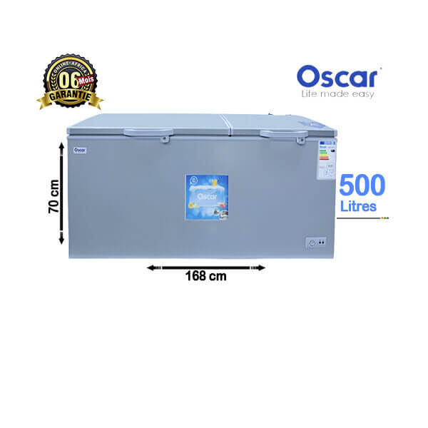 Un congélateur coffre Oscar 500L rempli d'une variété d'aliments surgelés, mettant en évidence sa grande capacité de stockage.