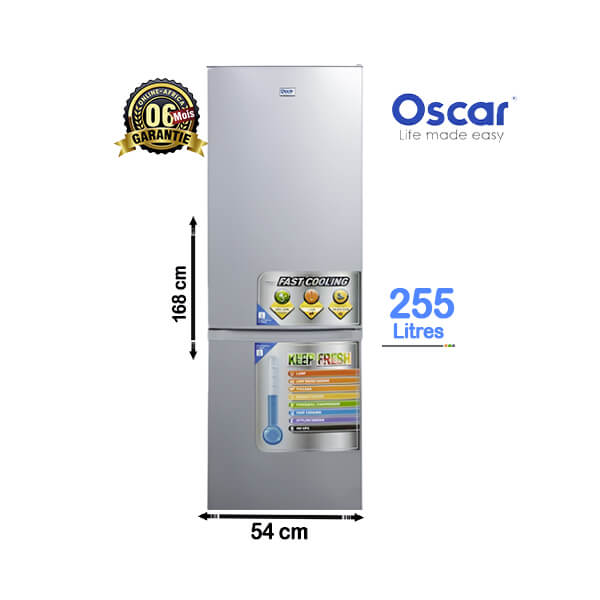 Réfrigérateur Combiné Oscar 255L Vue de face, design élégant