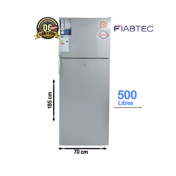 Réfrigérateur double battant FIABTEC 500L, spacieux, économique et idéal pour les familles.