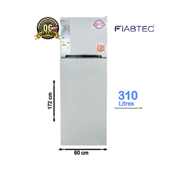 Réfrigérateur double battant FIABTEC 310L, spacieux, économique et idéal pour les familles.