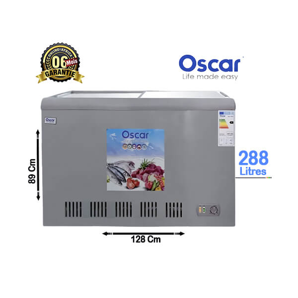 Congélateur Vitrine OSCAR 288L Vue de face, vitrine transparente et éclairage LED