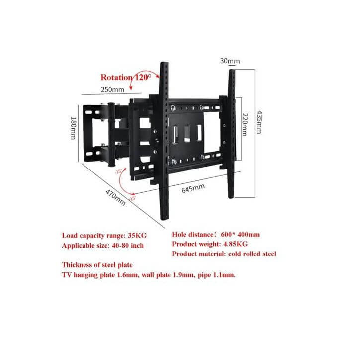 Support mural TV pivotant réglable inclinable pour TV LED à écran plat de 26 à 55 pouces 50 KG – Image 3