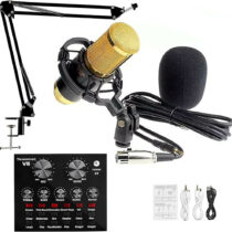 Kit De Microphone À Condensateur, Bm-800 Mic Professional Studio Recording Set, Live Sound Card with Effects and Voice Changer, Mini Sound Mixer Board with Multiple Sound Effects for Podcasts, Record