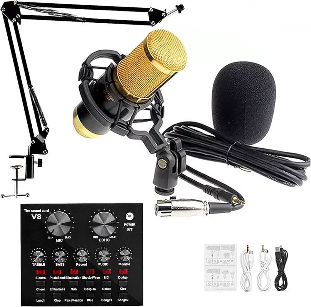 Kit De Microphone À Condensateur, Bm-800 Mic Professional Studio Recording Set, Live Sound Card with Effects and Voice Changer, Mini Sound Mixer Board with Multiple Sound Effects for Podcasts, Record