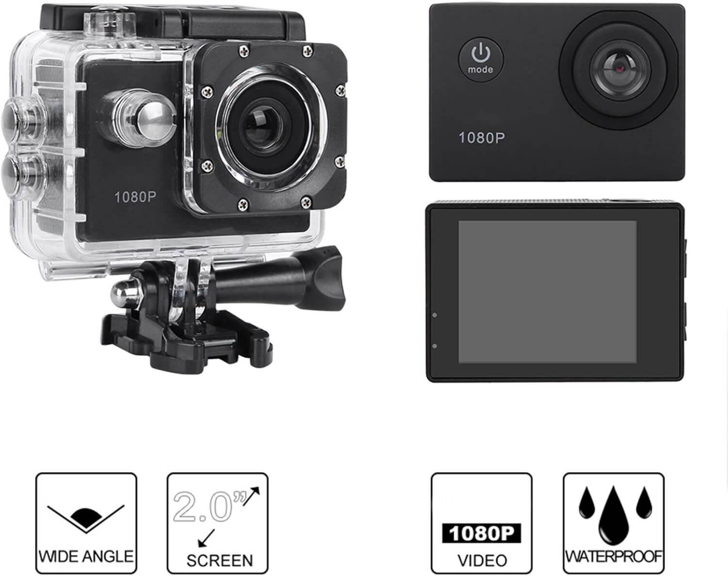 Caméra d'action Full HD 2 pouces, caméra de sport 1080p 12 MP, étanche jusqu'à 30 m/98 pi avec grand angle de 140 degrés et kit de montage pour vlogging, plongée, vélo et escalade – Image 3