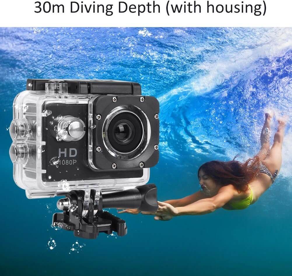 Caméra d'action Full HD 2 pouces, caméra de sport 1080p 12 MP, étanche jusqu'à 30 m/98 pi avec grand angle de 140 degrés et kit de montage pour vlogging, plongée, vélo et escalade