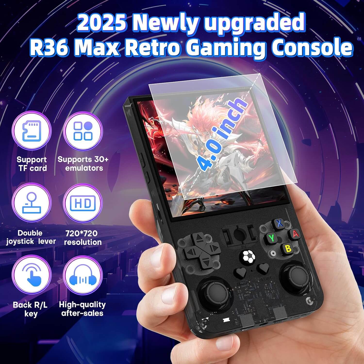 Console de jeux rétro portable R36 Max, 64 Go, plus de 18 000 jeux, batterie rechargeable 4 000 mAh, compatible avec plus de 30 simulateurs, système Linux, écran IPS 4 pouces – Image 2