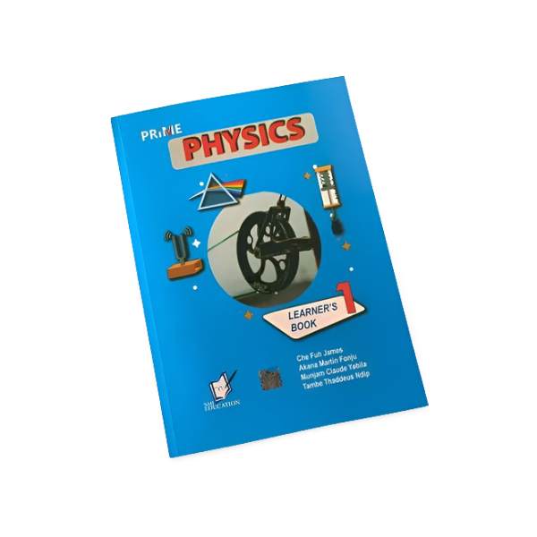 Couverture du manuel 'Prime Physics Form 1' sur fond bleu, illustrée d'un prisme, d'une roue dentée, d'une ampoule, d'un thermomètre, et de symboles d'ondes. Le titre est en orange et rouge.