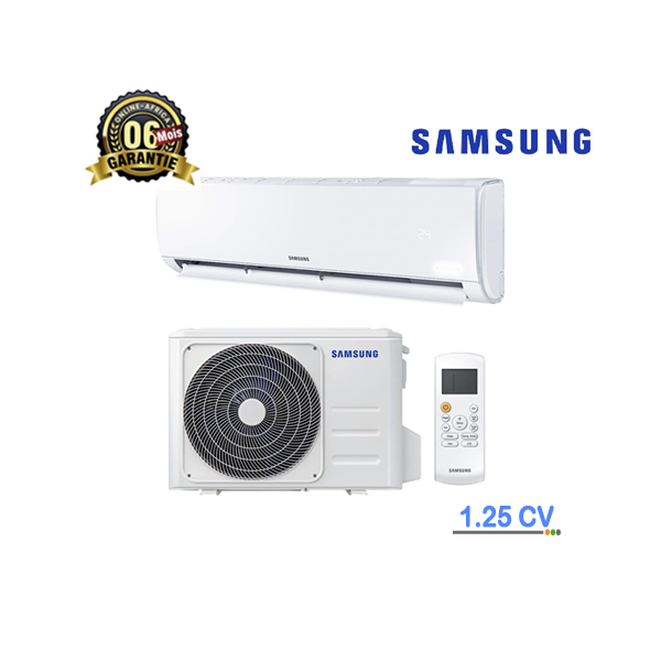 Climatiseur mural Samsung AR09CRHGAWK-AF 1.25 CV installé dans un salon moderne