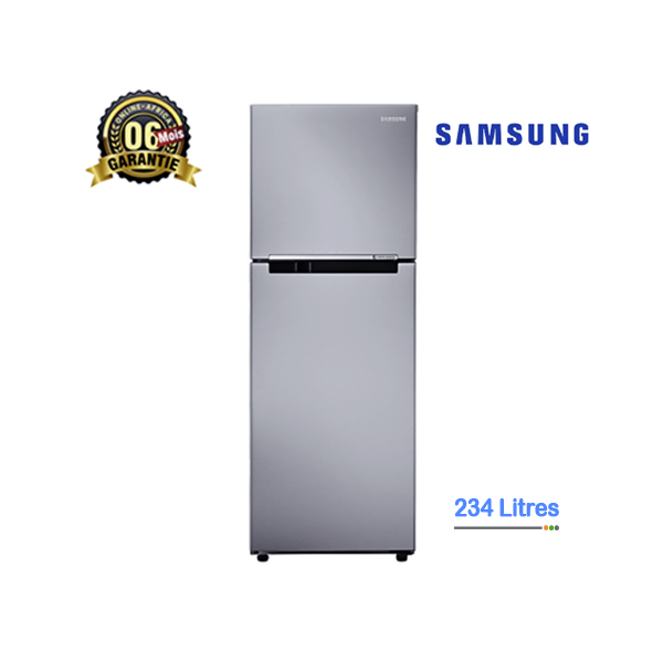 Image du réfrigérateur Samsung RT22HAR4DSA double porte avec congélateur supérieur en inox, capacité de 234 litres.