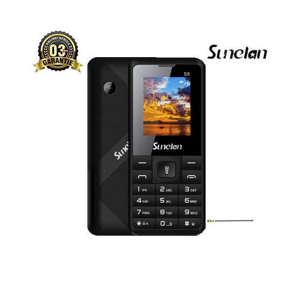 Téléphone Sunelan S8 noir avec écran couleur et clavier ergonomique.