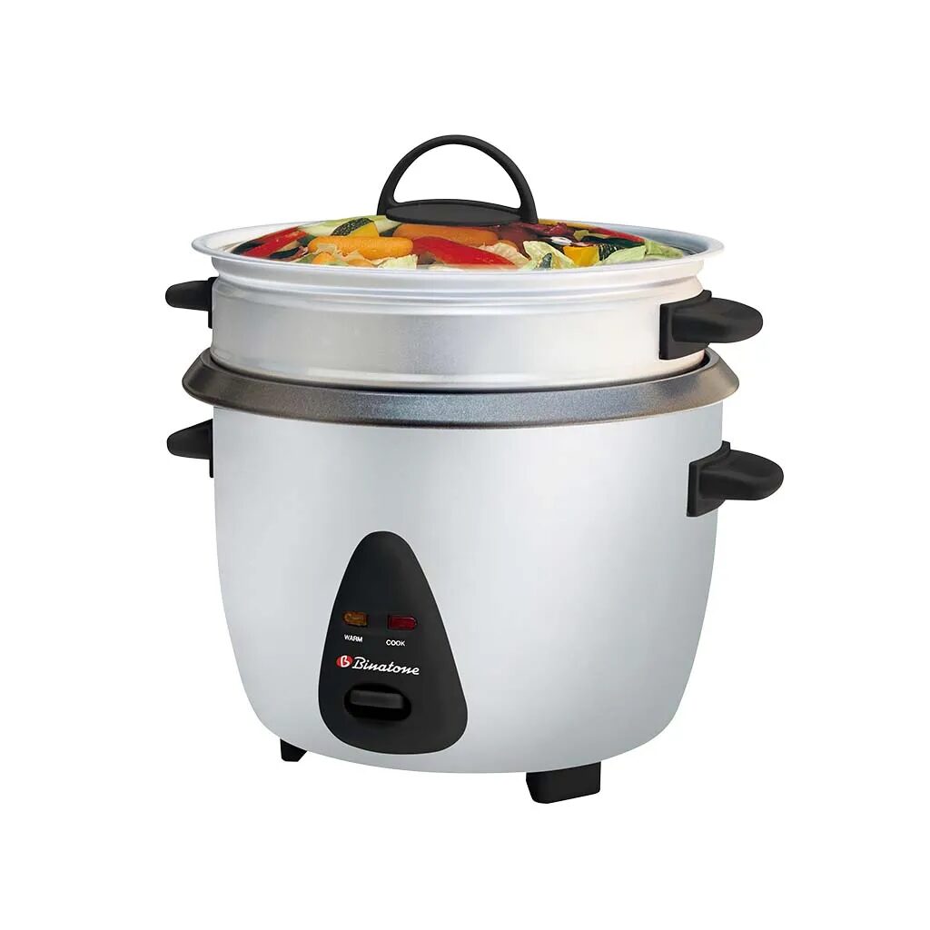 Cuiseur à riz électrique Binatone RCSG-1805 blanc avec couvercle en verre transparent et plateau vapeur contenant des légumes.
