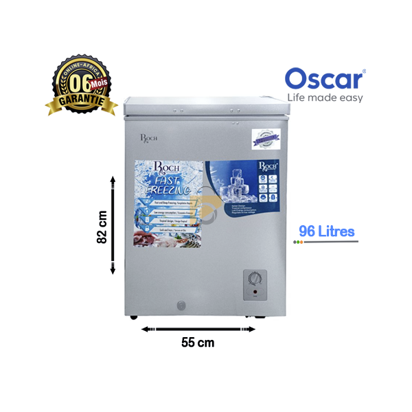 Image du congélateur coffre ROCH 96L gris avec affichage des fonctions Fast Freezing, serrure et thermostat réglable.