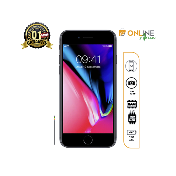 iPhone 8 vu de face avec écran Retina HD allumé