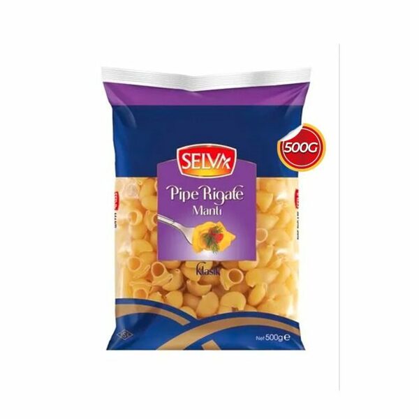 Sachet de 500g de pâtes Pipe Rigate de la marque Selva, montrant les macaronis coudés et striés.