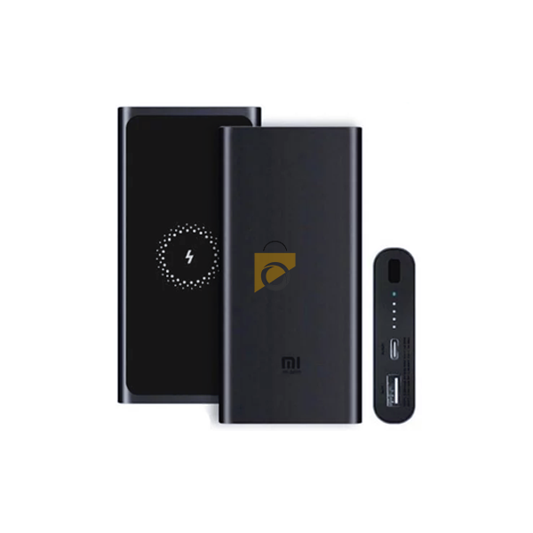 Un smartphone en charge sans fil sur la Powerbank Xiaomi Mi et un second appareil branché en filaire USB
