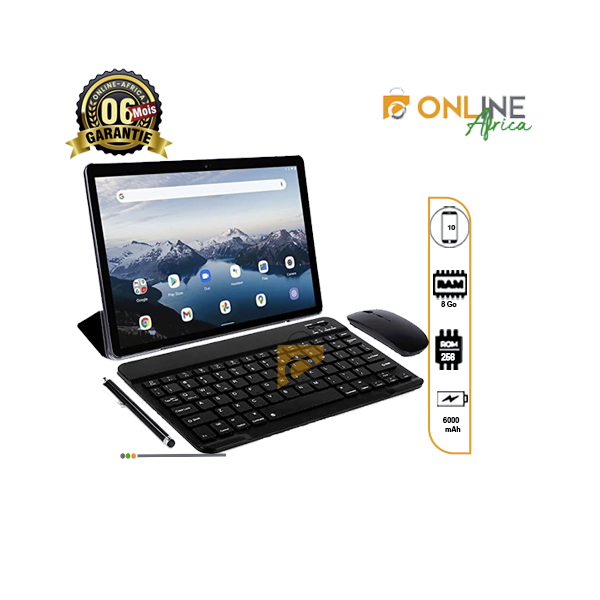 Tablette Modio M27 10,1 pouces et ses accessoires (clavier, souris, stylet) en configuration de travail