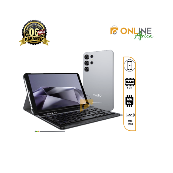 Tablette Modio M798 Pro 8,1 pouces et ses trois accessoires (clavier, souris, stylet) disposés à plat
