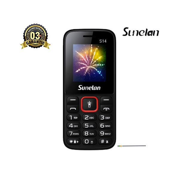 Gros plan sur le téléphone Sunelan S14 noir, affichant son clavier à touches.