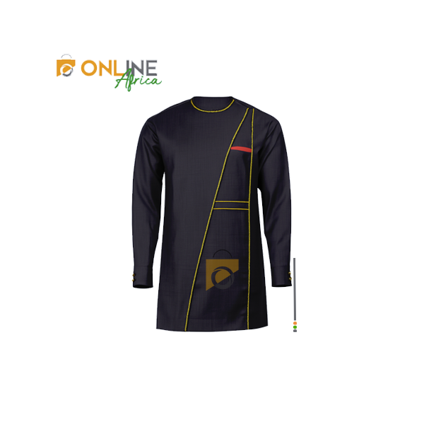 Chemise Tunique Homme bleu avec bordures jaunes et poche rouge, présenté sur fond neutre, coupe droite et détails dorés."