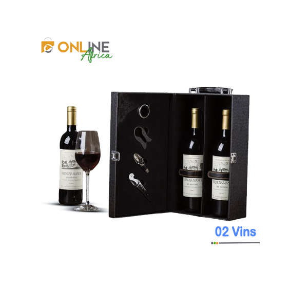 Mallette à vin noire pour 2 bouteilles avec accessoires sommelier