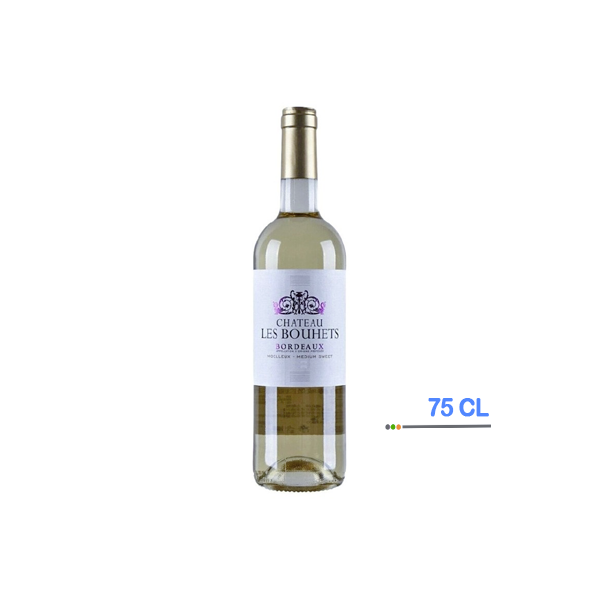 Bouteille du Château Les Bouhets Bordeaux 2021, montrant l'étiquette rouge et or.